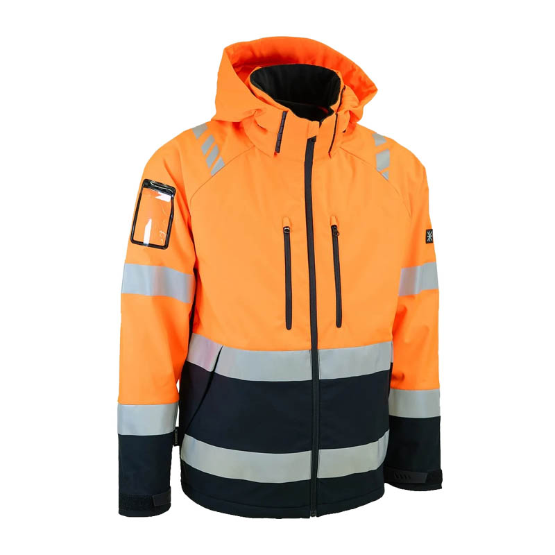 Dimex 6202R Warnschutz SoftShell Jacke EN 20471 Klasse 2, orange-schwarz mit Reflexstreifen, Kapuze und Frontansicht