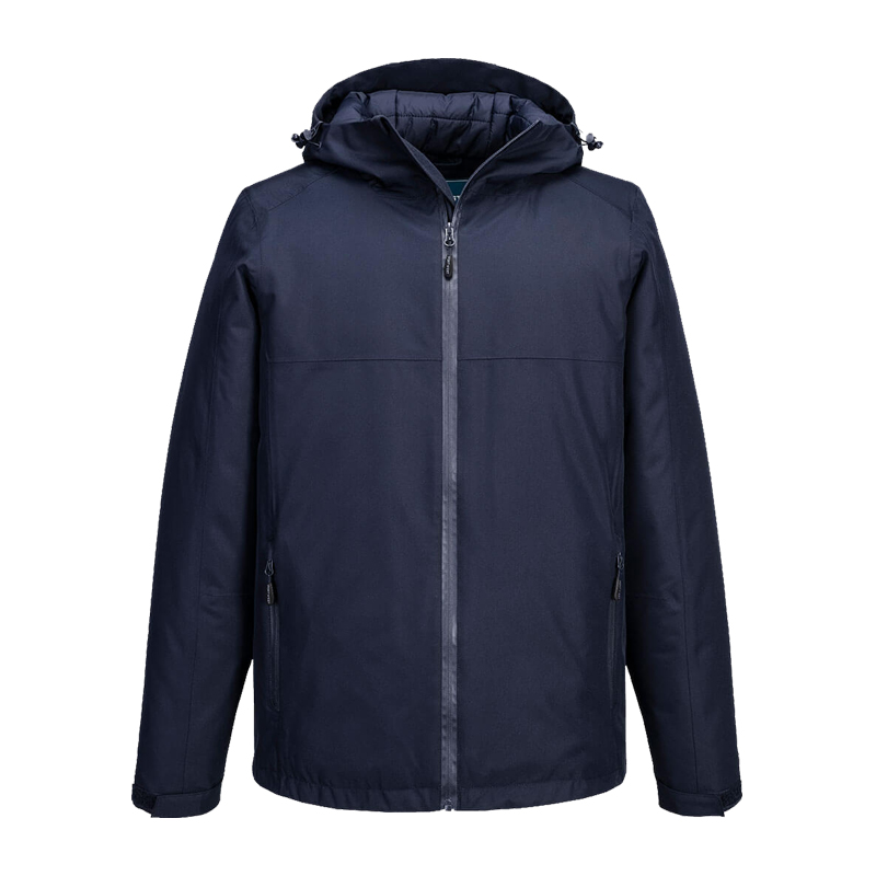 PortWest Herrenjacke mit Kapuze in Dunkelblau, wasserabweisende Outdoor- und Arbeitsjacke mit Reißverschluss, Frontansicht