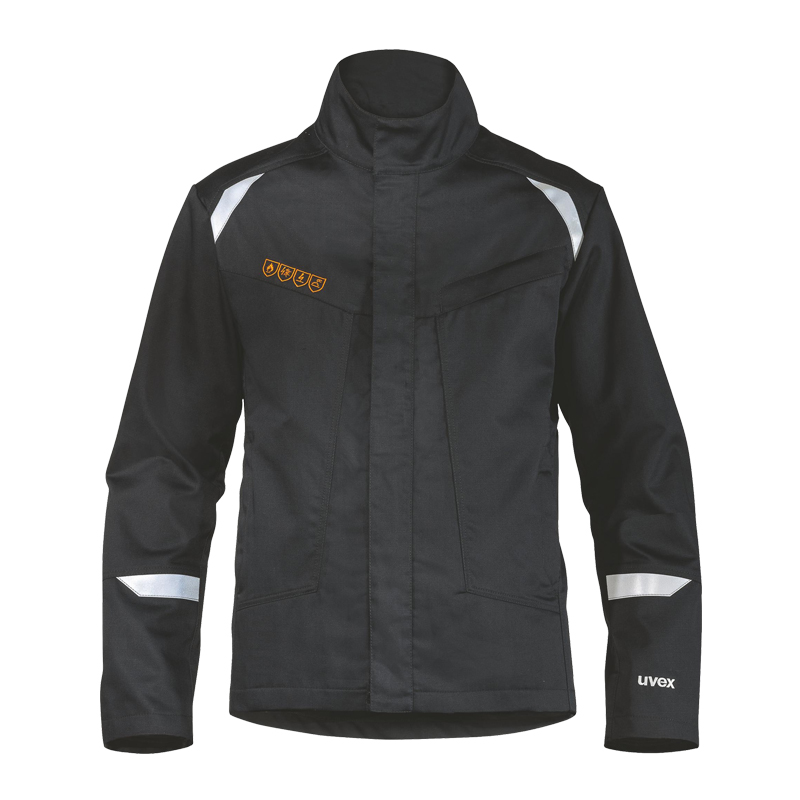 Schwarze Uvex suXXeed Arc MultiNorm Jacke 4 kA + 7 kA APC2 mit Stehkragen und Reflexelementen, frontale Produktansicht.