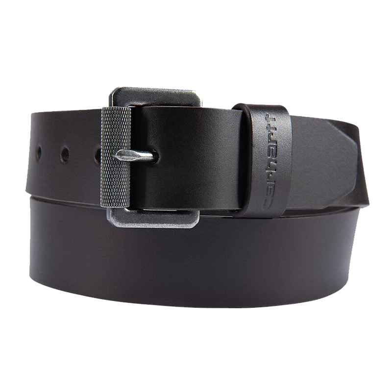 Schwarzer Carhartt Leder Gürtel mit Rollschnalle aus robustem Zaumzeugleder, Frontansicht mit Metallschnalle und geprägter Lederschlaufe