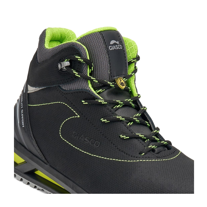 Giasco 3Hybrid ESD Bali S3L Sicherheitsstiefel, knöchelhoch, metallfrei, aus kratzfestem wasserabweisendem Leder in Schwarz mit grünen Details und max Dämpfung