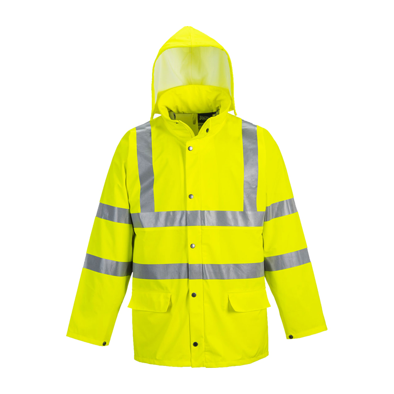 Neon-gelbe Warnschutzjacke mit Kapuze, Druckknöpfen, Taschen und umlaufenden silbernen Reflexstreifen für hohe Sichtbarkeit bei Arbeit und Outdoor-Einsätzen