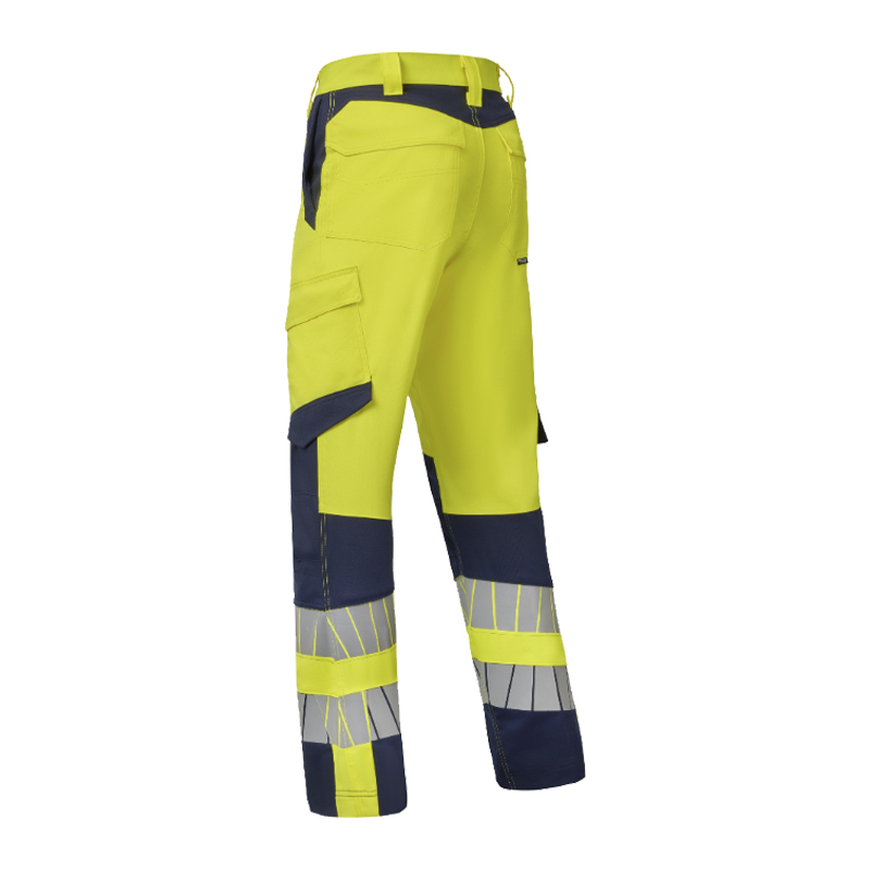 Rückansicht einer HaVeP Warnschutzhose in Gelb-Marine mit Reflexstreifen und praktischen Arbeitstaschen für hohe Sichtbarkeit