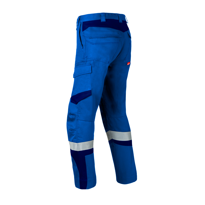 Rückansicht der HaVeP 5Safety Image+ 80517 MultiNorm Damen Hose APC1 in Blau mit dunklen Kontrasteinsätzen, Seitentasche und Reflexstreifen an den Beinen