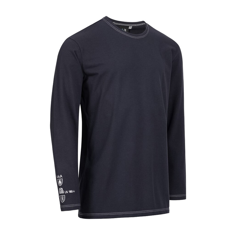 Dunkelblaues HB MODarc MultiNorm T-Shirt 4 kA | APC1 von HB Protective Wear als Langarmshirt mit Rundhalsausschnitt und Schutzkennzeichnung am Ärmel
