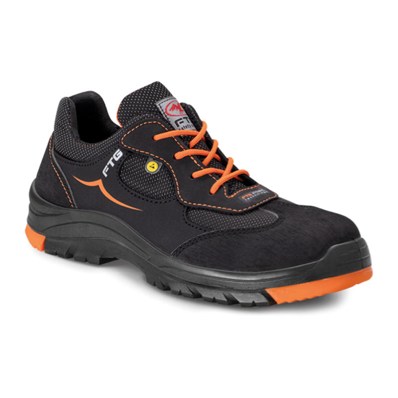 FTG Mercury S3 ESD Sicherheitsschuh metallfrei aus schwarzem Sicherheitsnubukleder, niedriger Arbeitsschuh der Gemini Line mit orangefarbenen Details