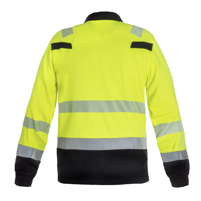 Rückansicht eines HydroWear Warnschutz-Langarmshirts in Gelb-Schwarz mit umlaufenden Reflexstreifen an Rumpf und Ärmeln