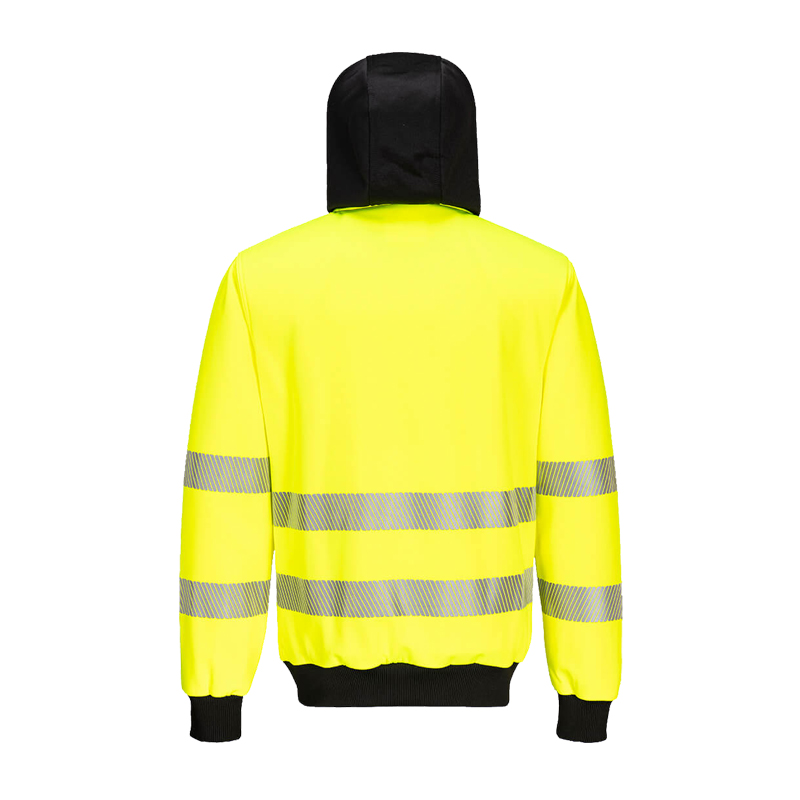 Rückansicht eines PortWest Warnschutz-Hoodies in Gelb mit schwarzer Kapuze, Bündchen und reflektierenden Streifen an Körper und Ärmeln