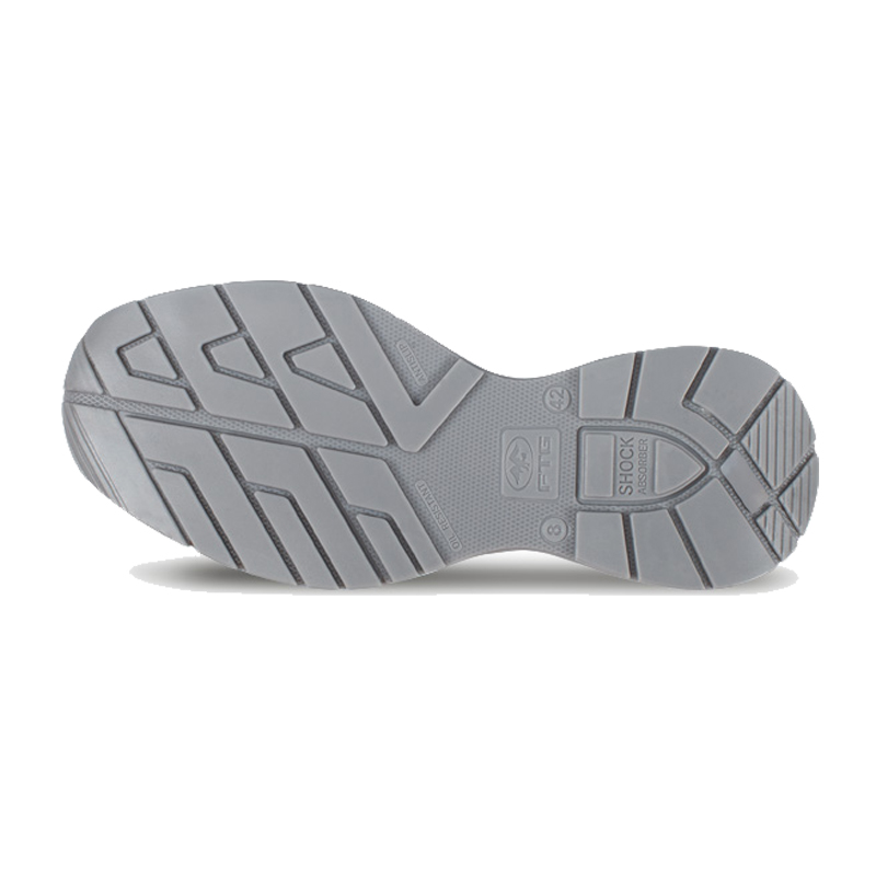 Unteransicht der grauen Laufsohle des FTG Motion S3S ESD Sicherheitsschuhs Dynamic Line mit rutschhemmendem Profil und Shock Absorber