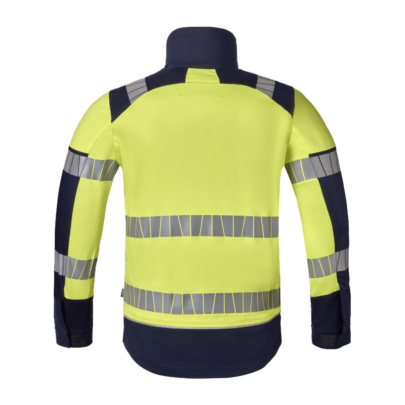Rückansicht einer HaVeP Warnschutzjacke in Gelb und Marineblau mit umlaufenden Reflexstreifen an Rücken und Ärmeln