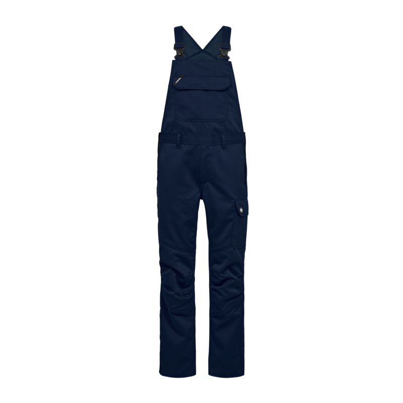 Dunkelblaue Engel Latzhose mit verstellbaren Trägern, Brusttasche, Seitentasche und verstärkten Knien, ideal als robuste Arbeitskleidung