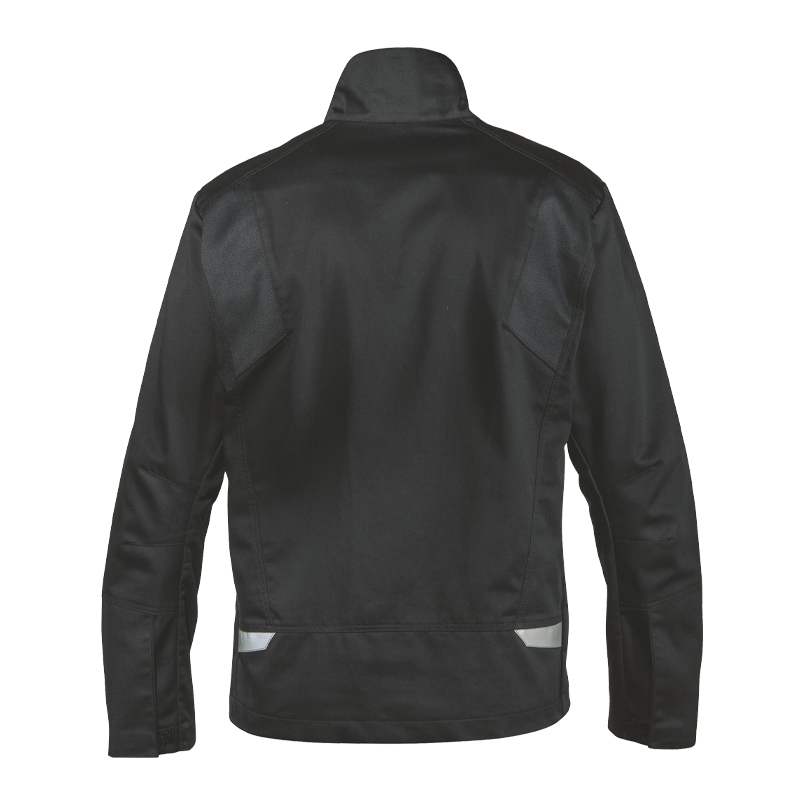 Rückansicht der schwarzen Uvex suXXeed Arc MultiNorm Jacke 4 kA + 7 kA APC2 mit Stehkragen und reflektierenden Details am Saum