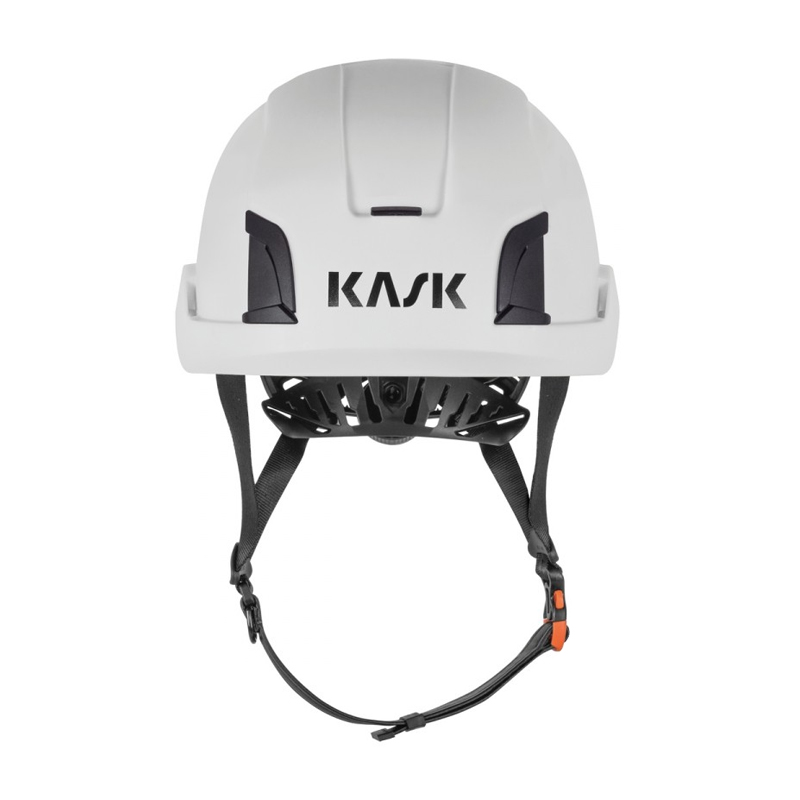 Frontansicht des Kask Zenith X MAX Industriehelms in Weiß für große Köpfe bis 66 cm mit Kinnriemen und robuster Schutzschale