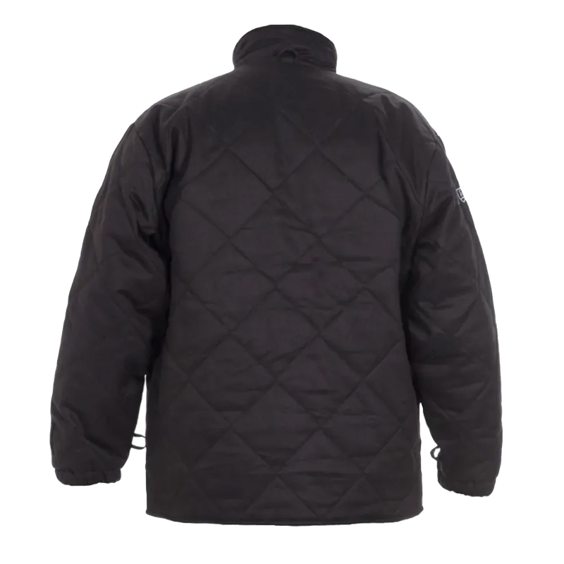 Rückenansicht einer schwarzen HydroWear Steppjacke mit diamantförmiger Steppung und hohem Kragen
