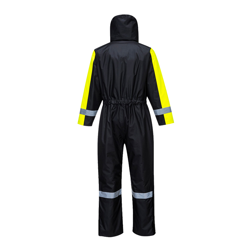 Rückansicht eines PortWest Warnschutz-Overalls mit Kapuze in Schwarz-Gelb, mit reflektierenden Streifen an Armen und Beinen