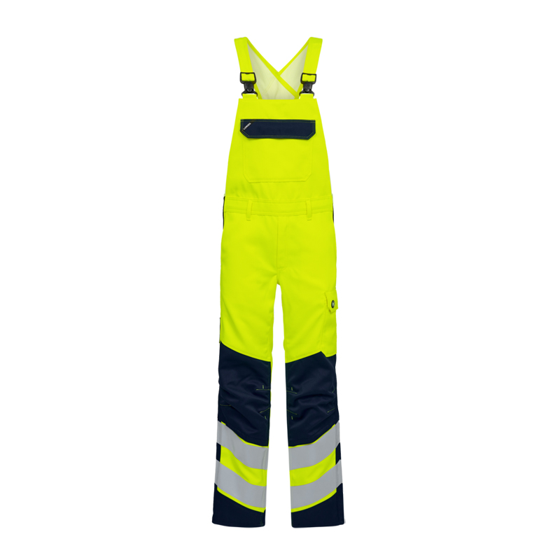 Engel Warnschutz-Latzhose in Neongelb und Marineblau mit verstellbaren Trägern, Brusttasche und Reflexstreifen an den Beinen