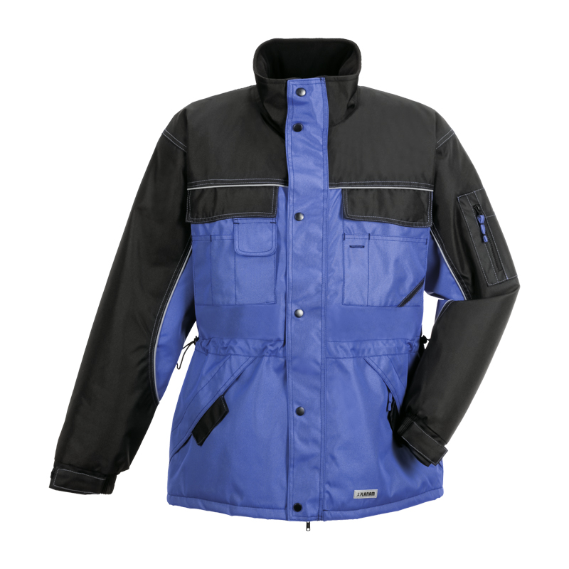 Planam Dust Parka Wetterschutz mit Reflexbiesen, blau-schwarzer Arbeitsparka mit hohem Kragen, Fronttaschen und Ärmeltasche