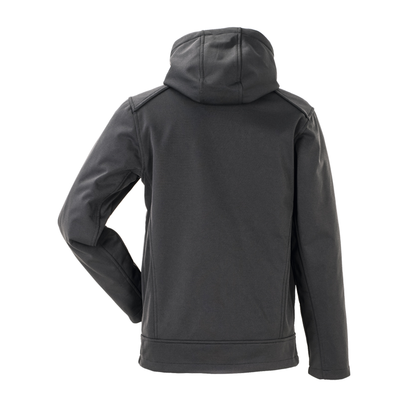 Rückansicht der Planam Hawk Softshelljacke mit schwarzen Reflexbiesen und Kapuze in dunklem Design