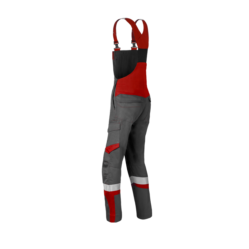 Rückansicht der HaVeP 5Safety Image+ 20288 MultiNorm Latzhose APC1 von HaVeP in Grau-Rot mit verstellbaren Trägern und Reflexstreifen