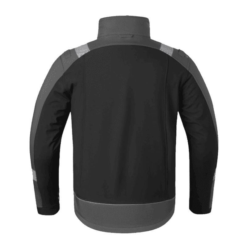 Rückansicht einer schwarzen Motorradjacke mit grauen Einsätzen an Schultern, Ärmeln und Saum