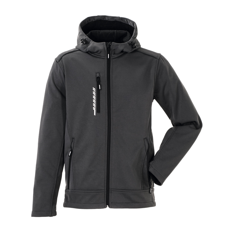 Planam Hawk Softshelljacke mit schwarzen Reflexbiesen in Dunkelgrau, Arbeitsjacke mit Kapuze, Reißverschluss und Brusttasche, Frontansicht