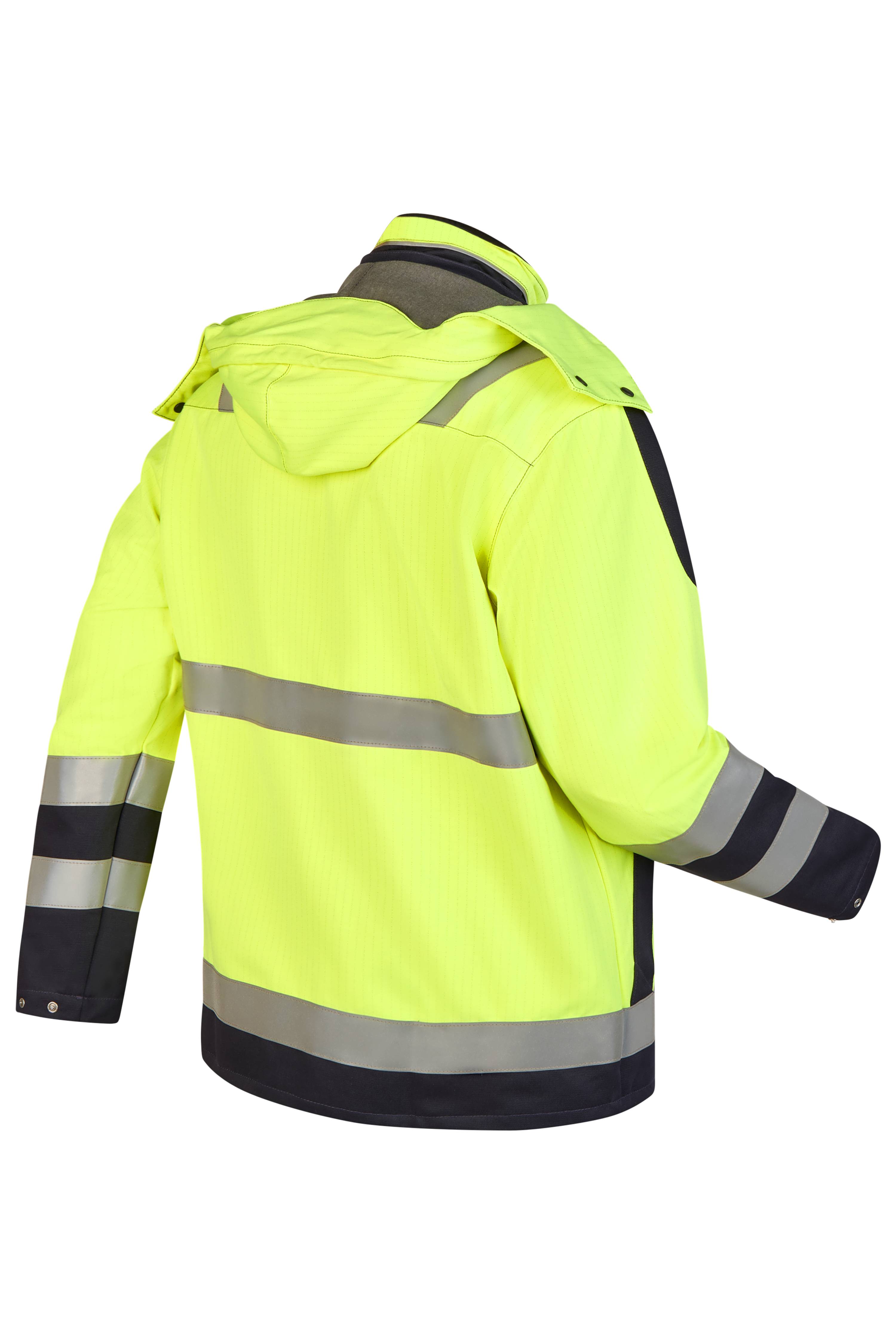 Rofa Warnschutzjacke in leuchtendem Neongelb mit Reflexstreifen, dunklen Kontrasteinsätzen und Kapuze in Rückansicht