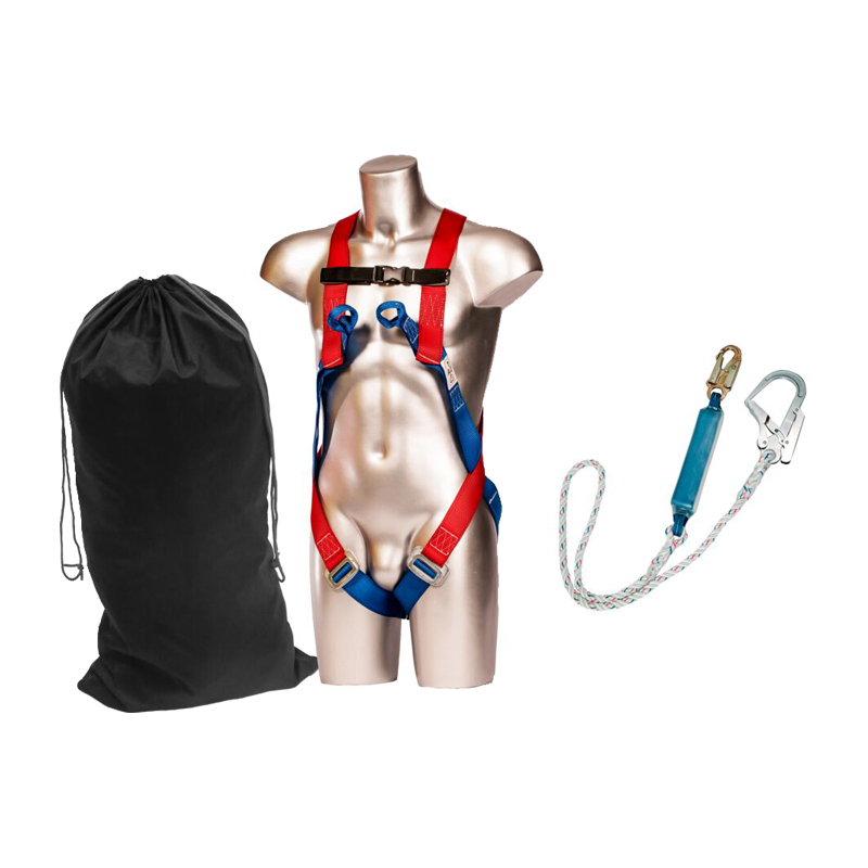 PortWest FP62 Fallschutz-Set mit 2-Punkt-Auffanggurt, Verbindungsmittel mit Falldämpfer, Karabiner, Gerüsthaken und schwarzem Nylonbeutel