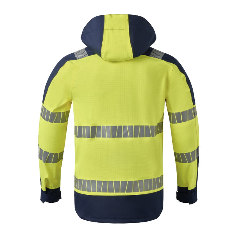 Rückansicht einer HaVeP Warnschutzjacke mit Kapuze in Gelb und Marineblau, mit reflektierenden Streifen an Rücken und Ärmeln