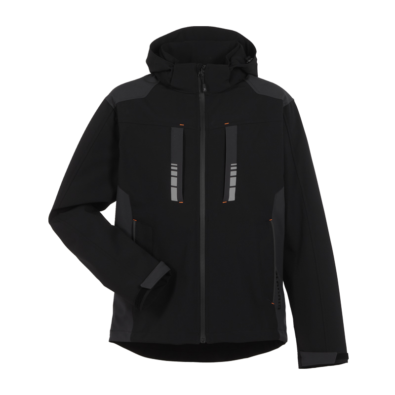 Planam Moto Softshelljacke mit Kapuze von Planam in Schwarz, Frontansicht mit Reißverschluss, reflektierenden Details und Brusttaschen