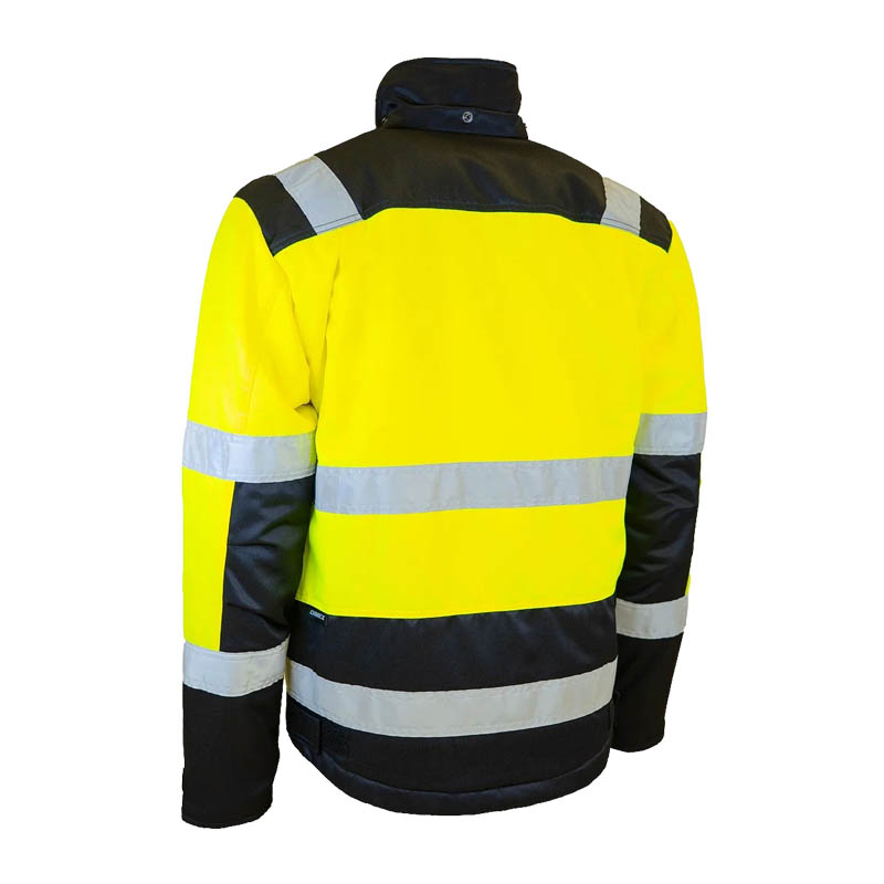 Rückansicht der Dimex 61751Y Winter Warnschutz Hi-Vis Jacke Klasse 2 in Gelb-Schwarz mit reflektierenden Streifen