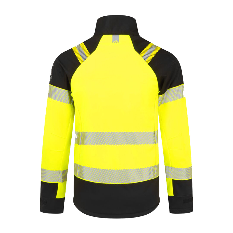 Rückansicht einer PortWest Warnschutzjacke in Gelb-Schwarz mit langen Ärmeln, Stehkragen und umlaufenden Reflexstreifen für hohe Sichtbarkeit