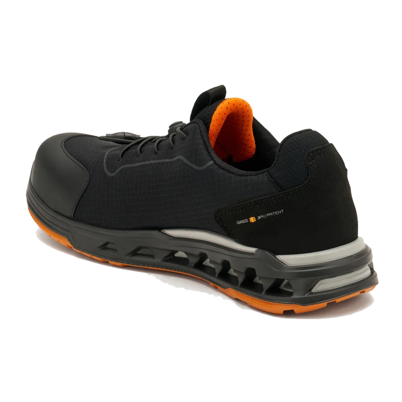 Giasco 3Cloud ESD Universe Sicherheitsschuhe elastisch S3L, schwarzer Arbeitsschuh mit orangefarbener Innenseite und Profilsohle, Seitenansicht