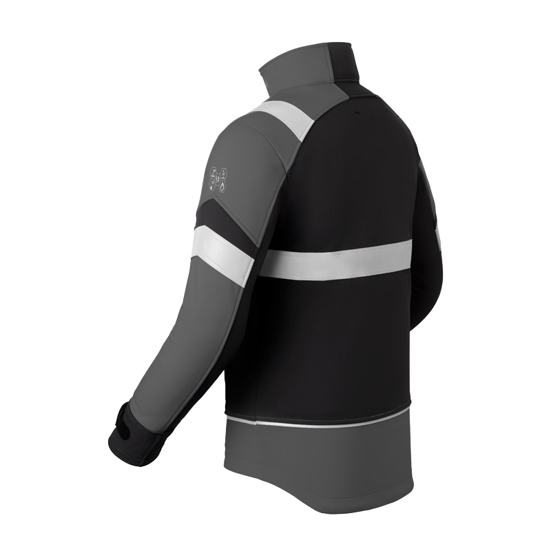 Rückansicht der HaVeP 5Safety Image+ 50384 MultiNorm SoftShell Jacke APC1 in Schwarz-Grau mit umlaufenden Reflexstreifen und Stehkragen