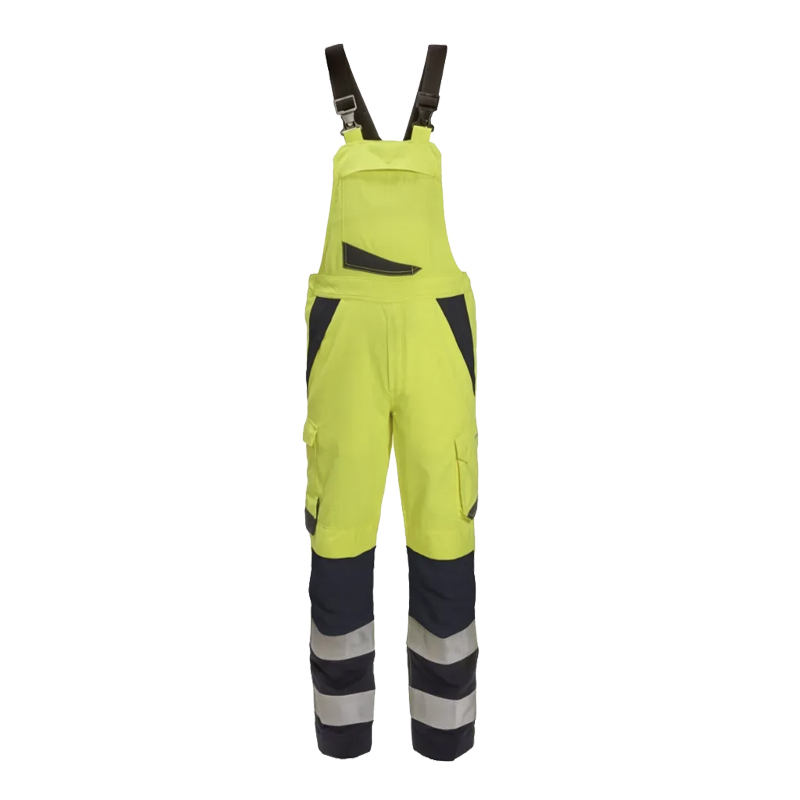 HydroWear Warnschutz-Latzhose in Neongelb mit schwarzen Besätzen, verstellbaren Trägern und Reflexstreifen an den Beinen