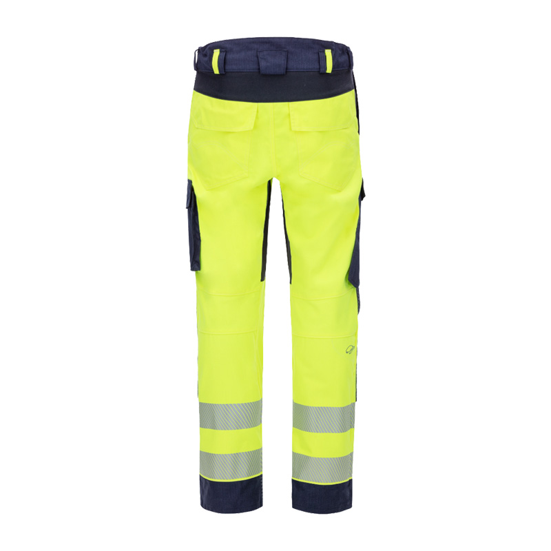 Rückansicht der HB 4Energy MultiNorm Warnschutz Hose 4 kA | APC1 von HB Protective Wear in Gelb/Marine mit Reflexstreifen und Seitentaschen