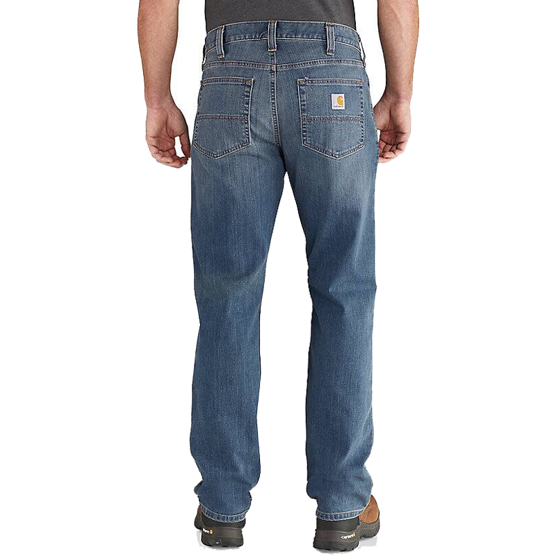 Rückansicht der Carhartt 102804 Rugged Flex Stretch Jeans für Herren in Blau, gerade geschnitten im relaxed fit mit klassischem Five-Pocket-Design