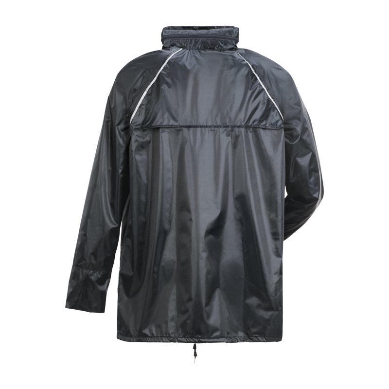 Rückenansicht der schwarzen Planam Outdoor Aqua Regenjacke aus dem wasserdichten Regenjacke-und-Hose-Set mit PU-Beschichtung