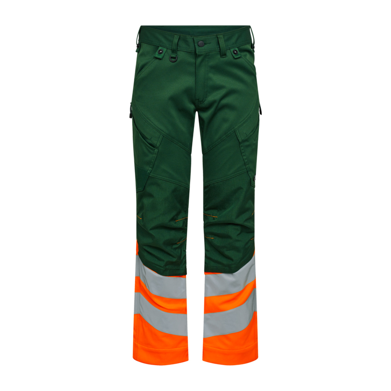 Engel Warnschutzhose in Grün und Orange mit breiten silbernen Reflexstreifen am Bein, robuste Arbeitshose für hohe Sichtbarkeit