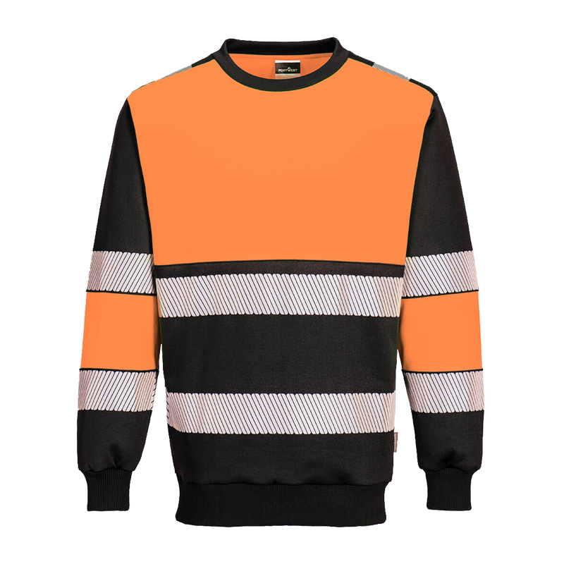 PortWest Warnschutz-Sweatshirt in Orange und Schwarz, langarm mit breiten Reflexstreifen an Brust und Ärmeln