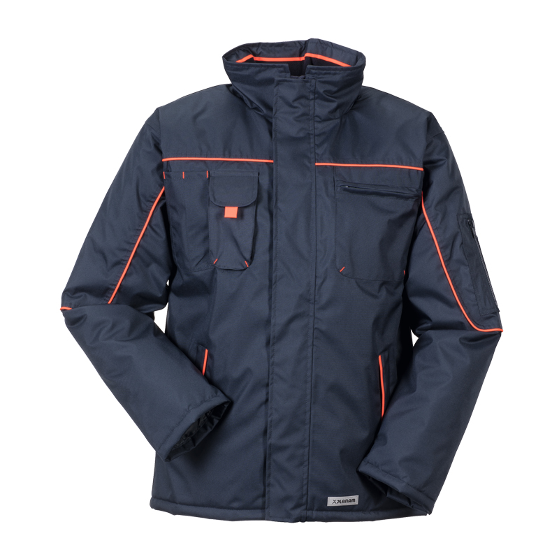 Planam Piper Jacke wasserdichter Wetterschutz, navyblaue Arbeitsjacke mit hohem Kragen und orangefarbenen Kontrastdetails