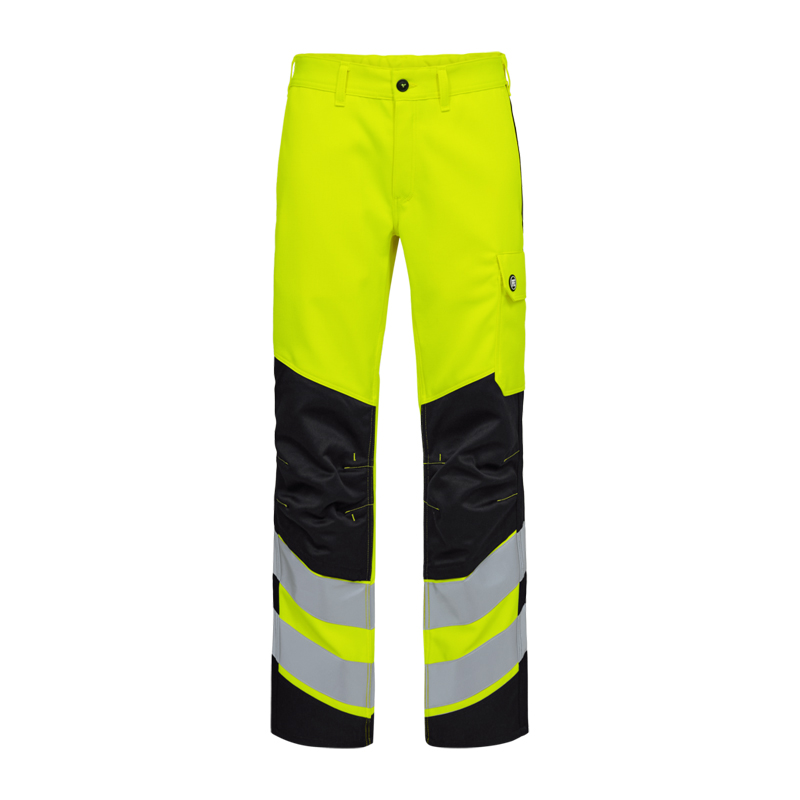 Engel Warnschutzhose in Neon-Gelb mit schwarzen Knieverstärkungen, Seitentasche und breiten Reflexstreifen an den Beinen