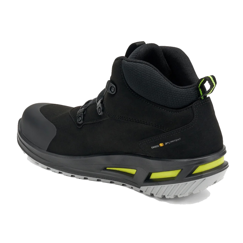 Schwarzer Giasco Sicherheitsstiefel mit hohem Schaft, verstärkter Zehenkappe und rutschfester Sohle, seitliche Ansicht