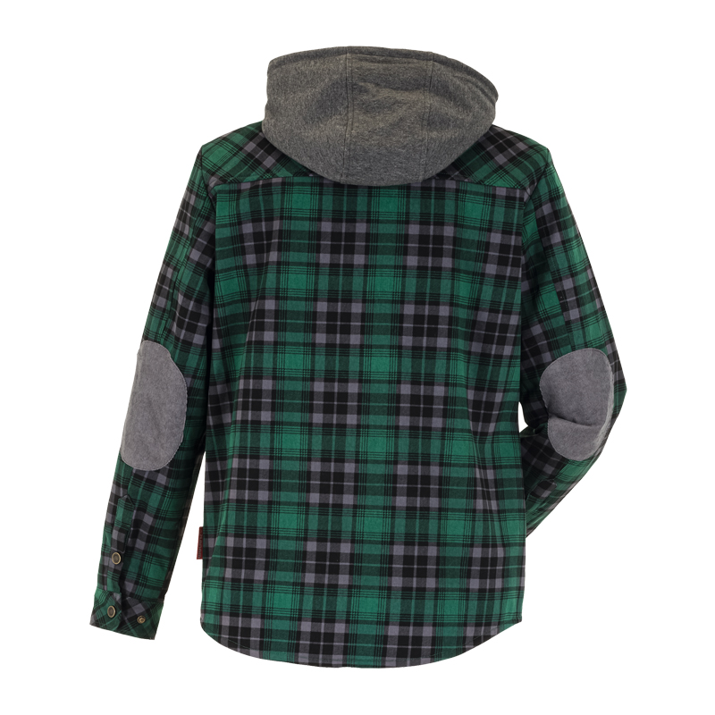 Rückenansicht des Planam Outdoor Thermohemds mit Teddyfutter in Grün-Schwarz kariert, mit grauer Kapuze und Ellenbogenpatches