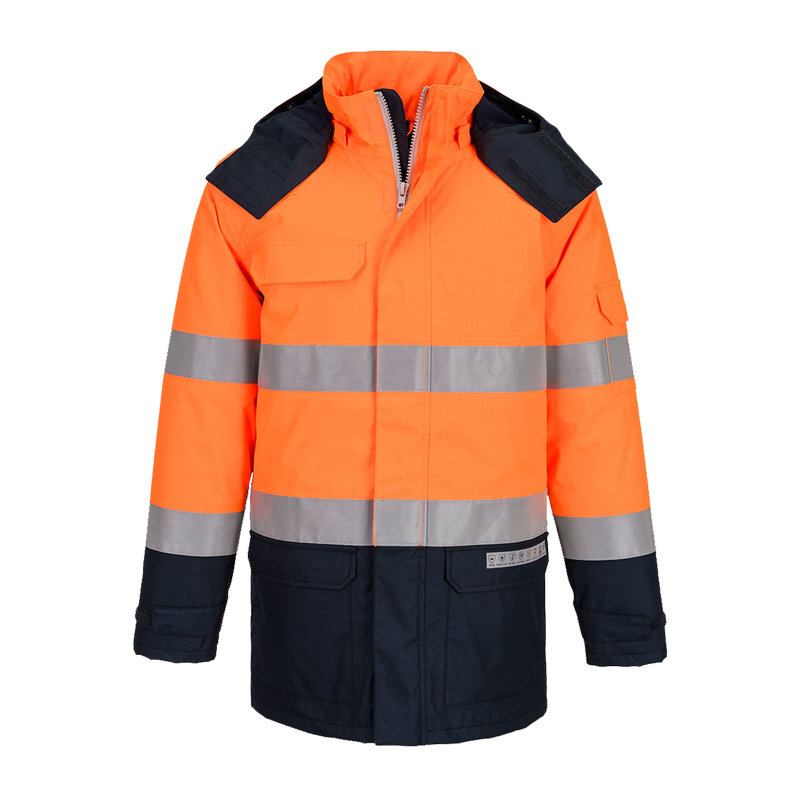 PortWest Warnschutzjacke in Orange und Marineblau mit silbernen Reflexstreifen, wetterfeste Arbeitsjacke mit hohem Kragen und Frontreißverschluss