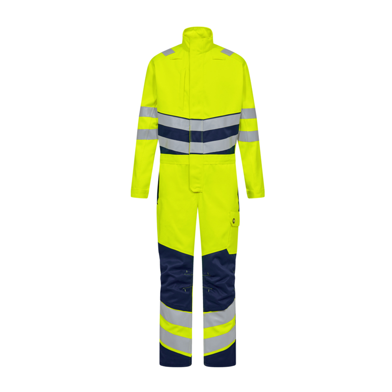 Engel Warnschutz-Overall in Neongelb mit silbernen Reflexstreifen und dunkelblauen Einsätzen für hohe Sichtbarkeit bei der Arbeit