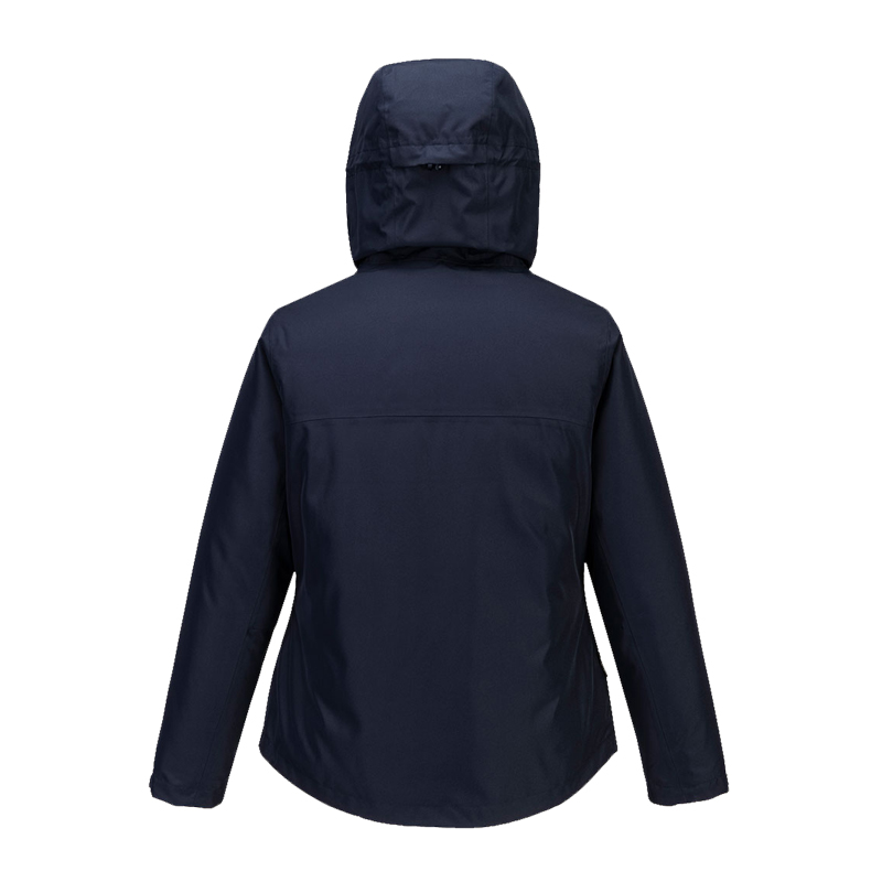 Rückenansicht einer dunkelblauen PortWest Jacke mit Kapuze, ideal als wetterfeste Arbeits- und Outdoorjacke