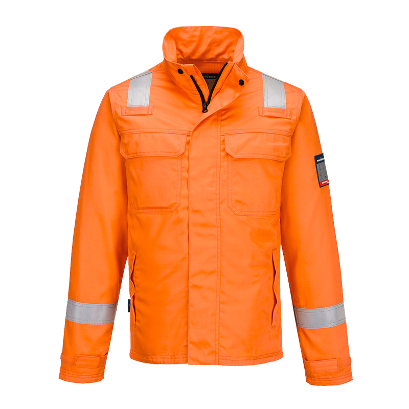 PortWest Warnschutzjacke in leuchtendem Orange mit silbernen Reflexstreifen an Schultern und Ärmeln, Frontansicht