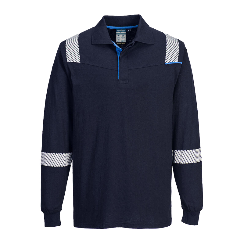 PortWest langärmliges Arbeits-Poloshirt in Marineblau mit Kragen, blauen Akzenten und reflektierenden Streifen an Schultern und Ärmeln