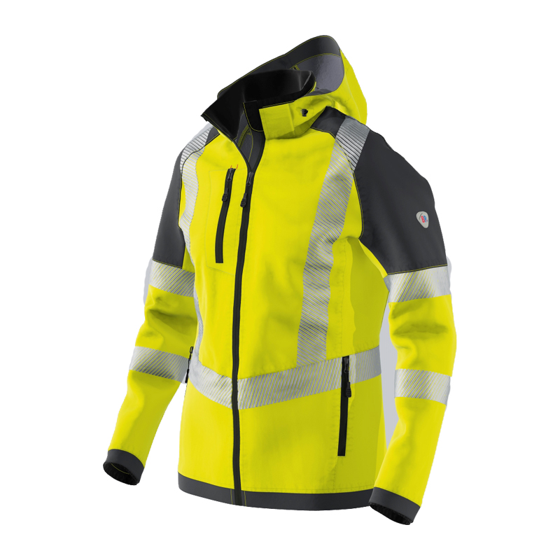 BP 2034 Warnschutz Stretch Softshell Jacke mit Kapuze von BP Bierbaum Proenen, gelb-schwarze Arbeitsjacke mit Reflexstreifen