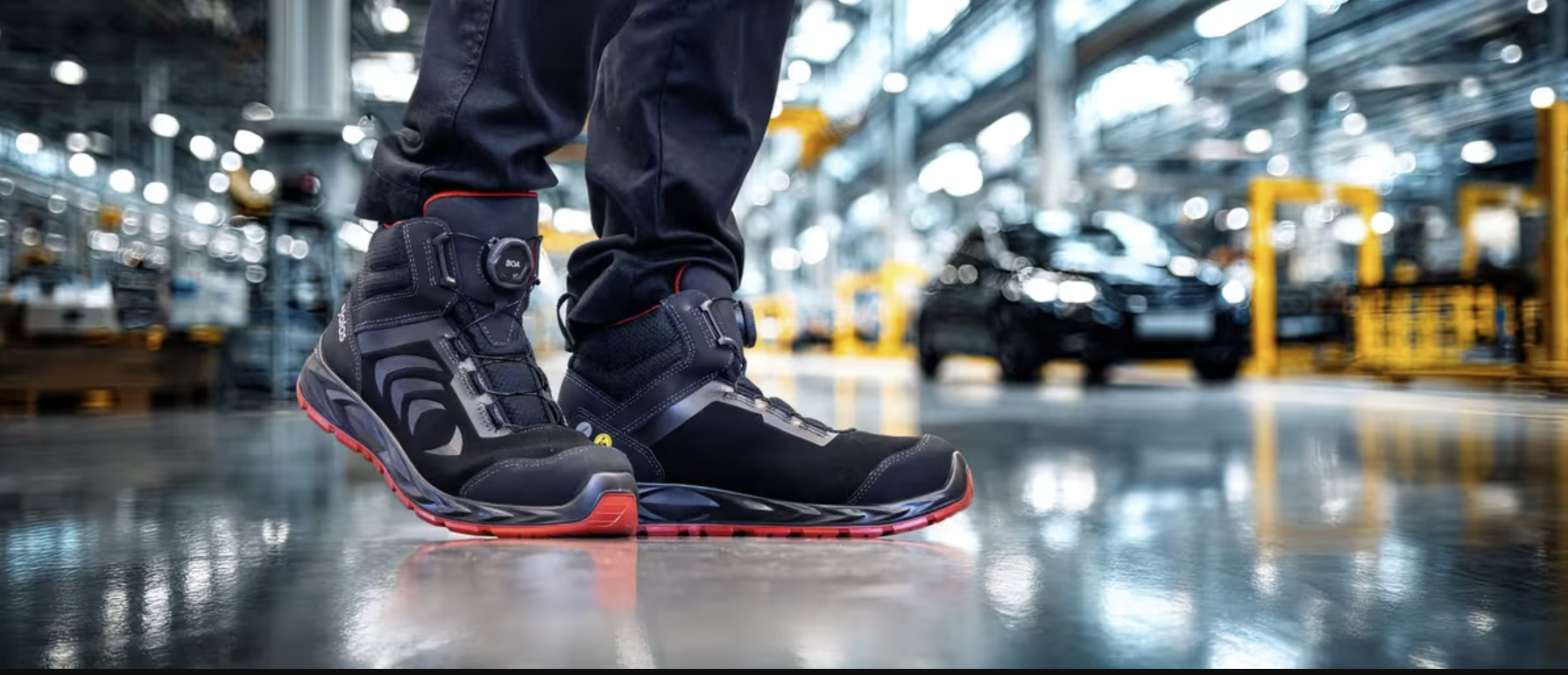 Person trägt schwarze Sicherheitsstiefel mit BOA-Verschluss und roter Sohle in einer modernen Produktionshalle